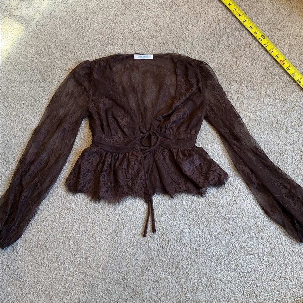 12th Tribe Sheer Lace Tie-Front Blouse in Dark Brown - Picture 2 of 10